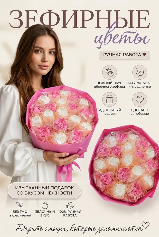  Букет Зефирный Размер XL бело-розовый,350г в Южно-Сахалинске